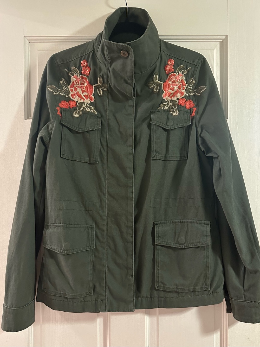 DRIFTWOOD Anthropologie Olive Green Utility Jacket with Floral Embroidery Size M